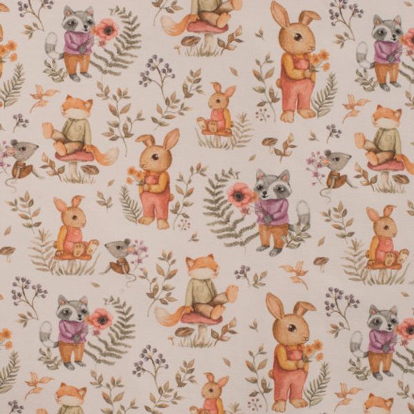 Ett barntyg med grävlingar, kaniner, rävar och möss som är omgivna av växter. Tyger har vit bakgrund
