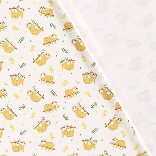 Tyg med söta gula sengångare på en gren. Vit bakgrund med små gula och gröna kvistar. Tyget är vikt och visar insidan som är vit 