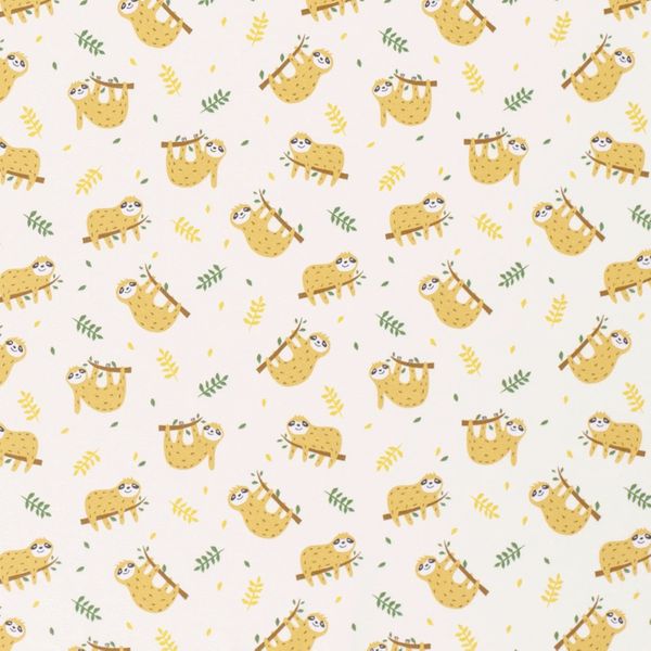 Tyg med söta gula sengångare på en gren. Vit bakgrund med små gula och gröna kvistar.