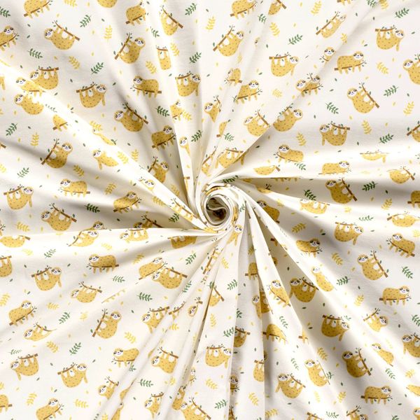 Tyg med söta gula sengångare på en gren. Vit bakgrund med små gula och gröna kvistar. Tyget är twistat i mitten