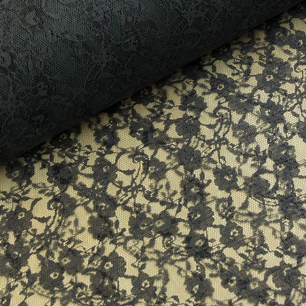 Blommig stretchspets i m&ouml;rgr&aring;tt &ndash; elegant, genombrutet tyg med fint fall, perfekt f&ouml;r festkl&auml;nningar, toppar, &auml;rmar och dekorativa detaljer.