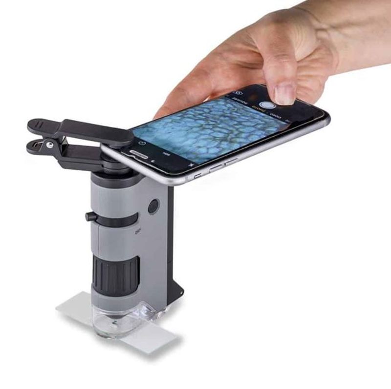 Carson MicroFlip 100x-250x LED, UV-upplyst fickmikroskop, nedfällbar glidbas, Smartphone-digiscoping-klämma